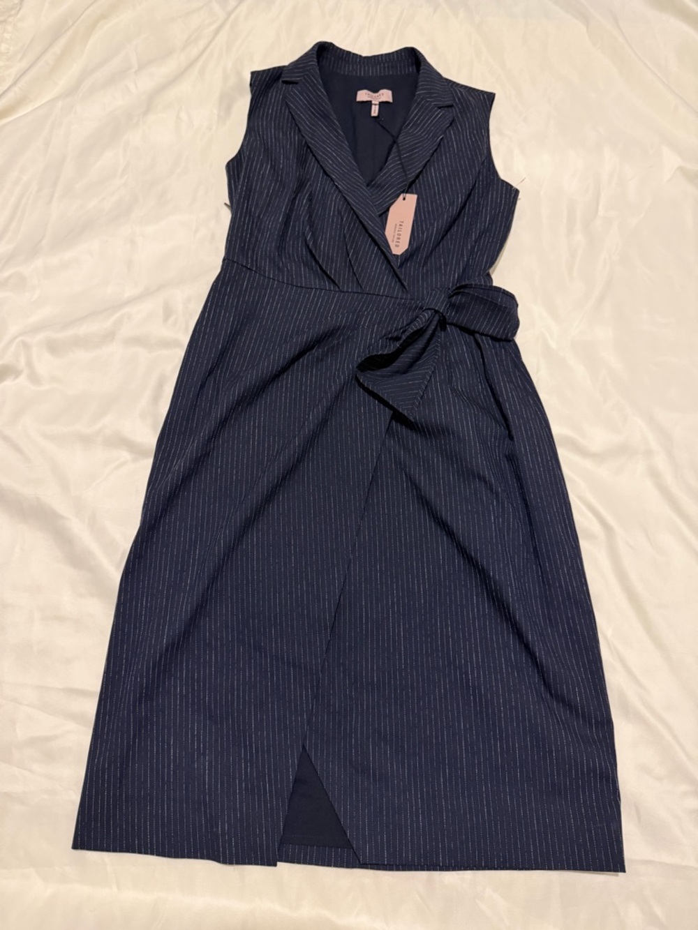 Sleeveless Navy Pinstripe Wrap-Front Mini Dress, SZ 0, NWT - Picture 14 of 14